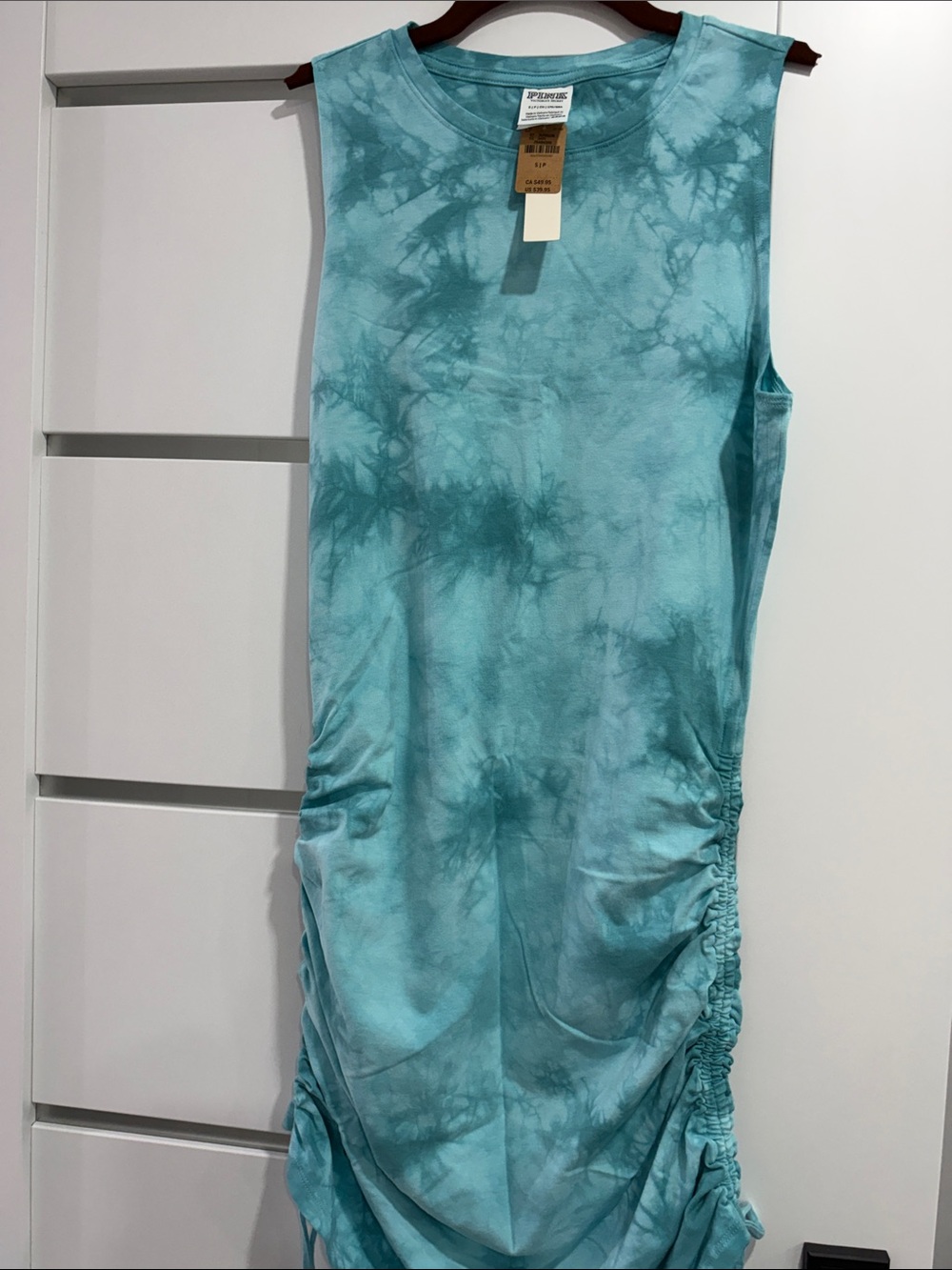 Sleeveless Tie-Dye Ruched Tank Dress - Aqua Blue